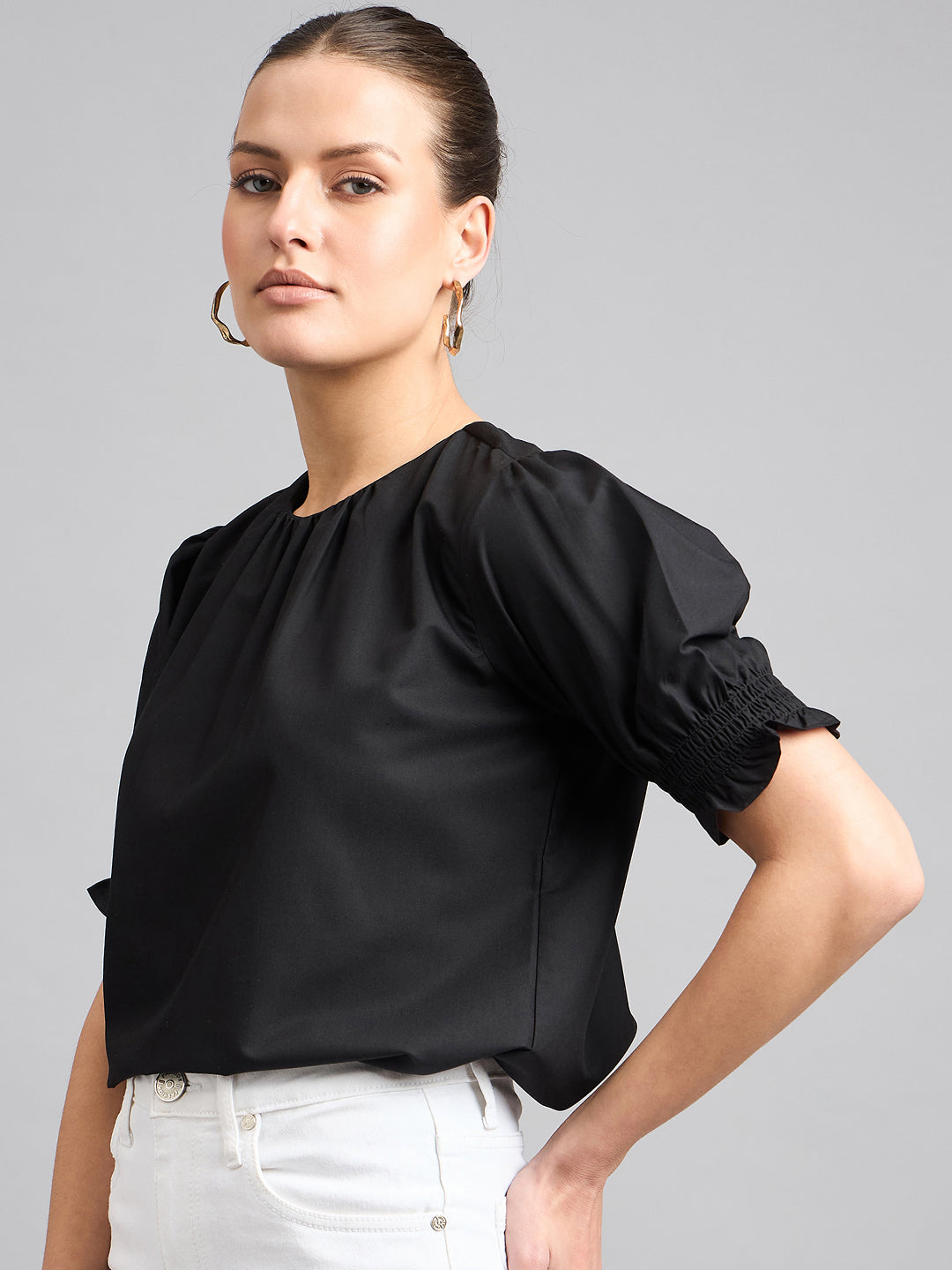 Style Quotient Women Solid Black Polycotton Regular Smart Casual Top-Tops-StyleQuotient