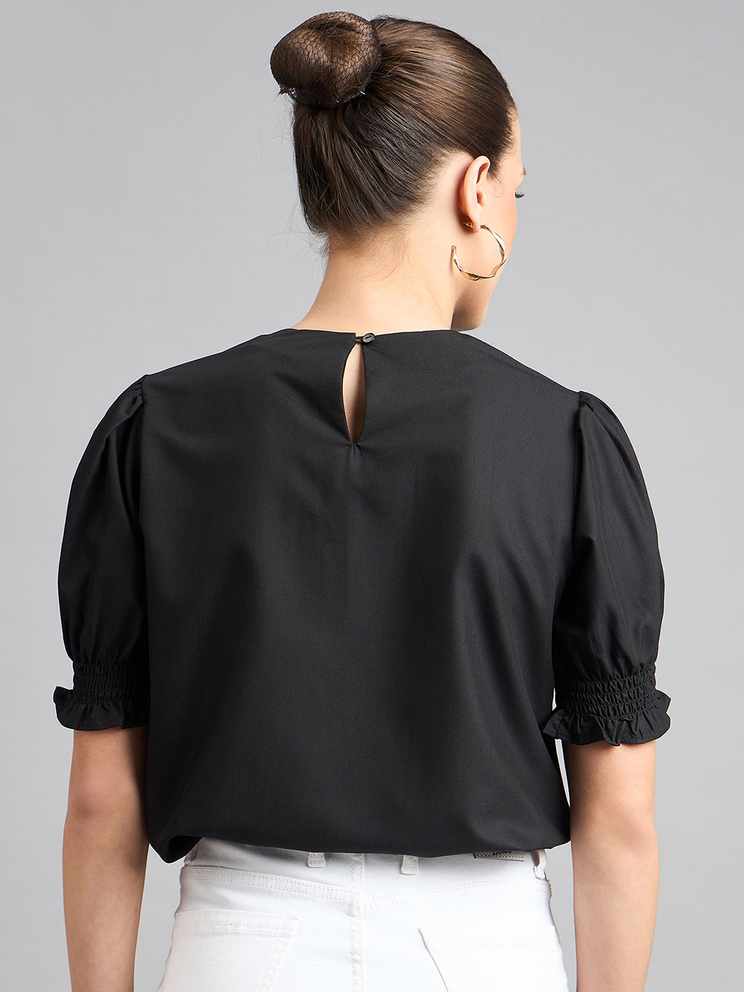 Style Quotient Women Solid Black Polycotton Regular Smart Casual Top-Tops-StyleQuotient