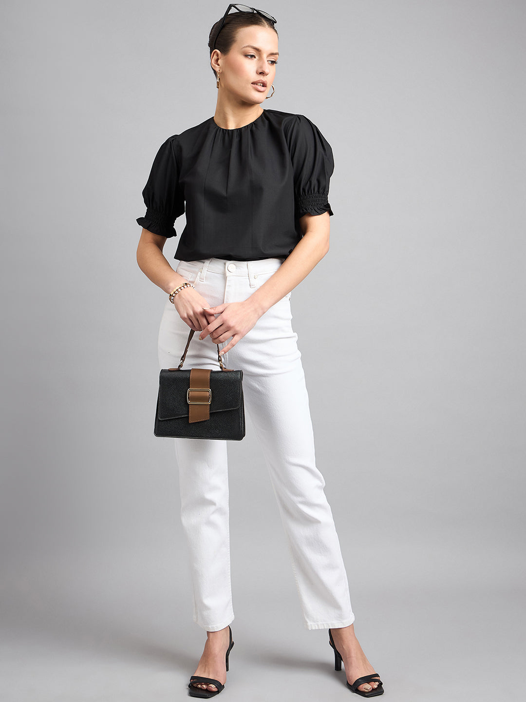 Style Quotient Women Solid Black Polycotton Regular Smart Casual Top-Tops-StyleQuotient