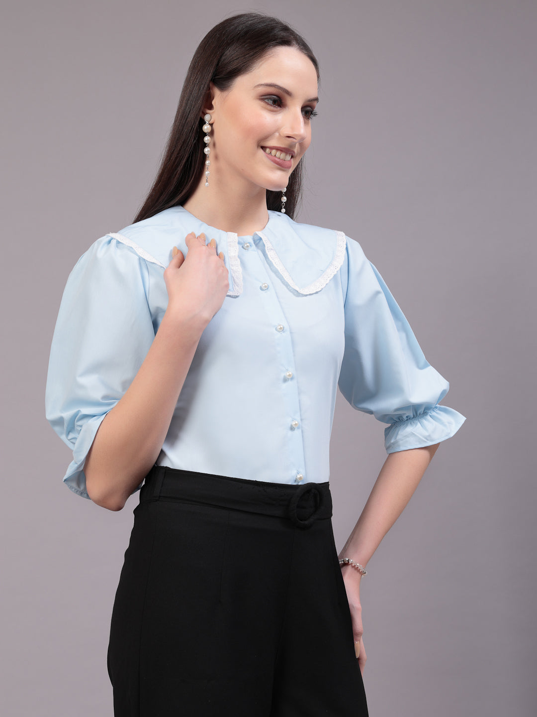 Style Quotient Women Sky Blue Victorian style Shirt-Shirts-StyleQuotient