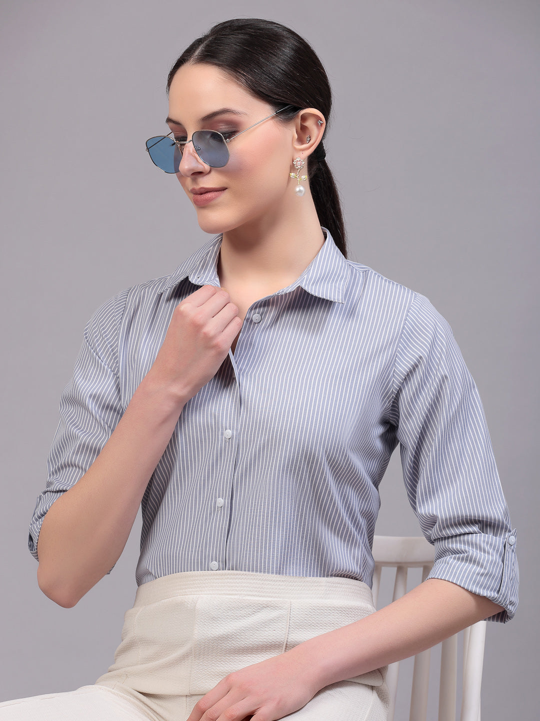Style Quotients Women Gray And White Cotton Stripe Smart Casual Shirt-Shirts-StyleQuotient