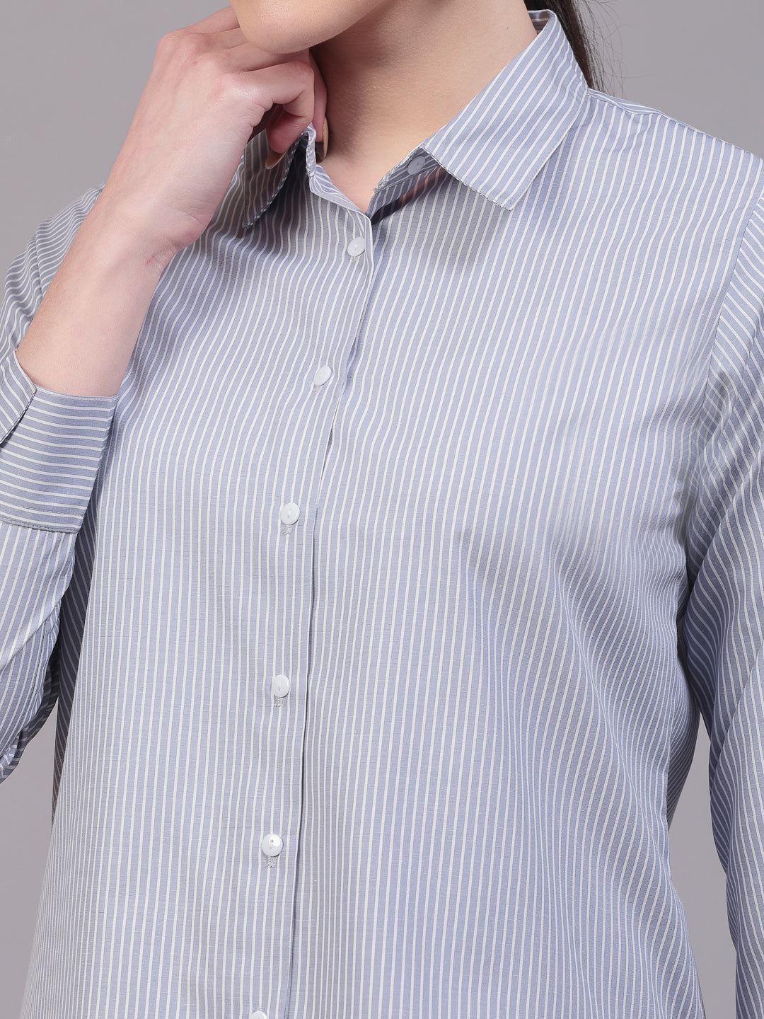 Style Quotients Women Gray And White Cotton Stripe Smart Casual Shirt-Shirts-StyleQuotient