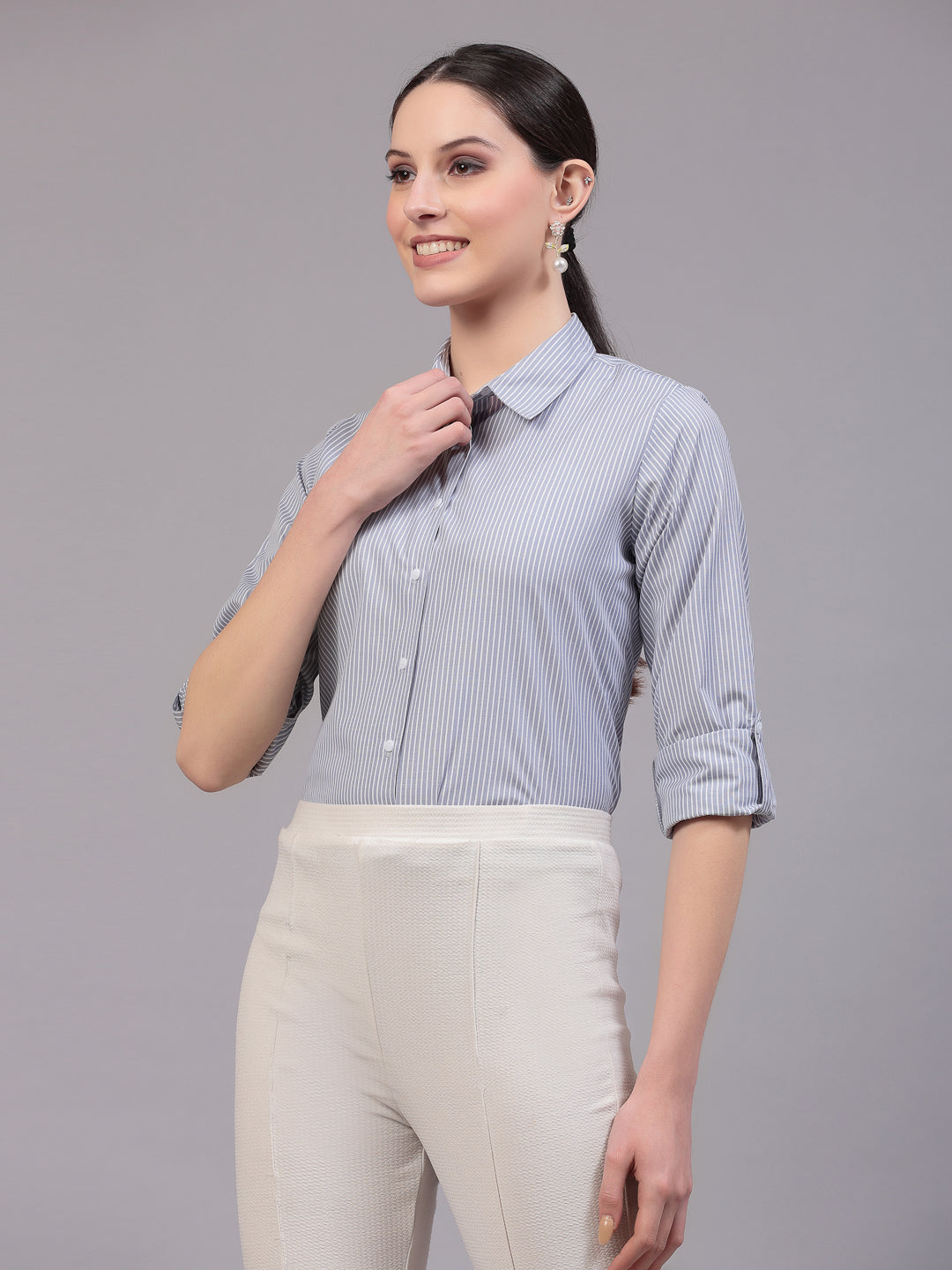 Style Quotients Women Gray And White Cotton Stripe Smart Casual Shirt-Shirts-StyleQuotient