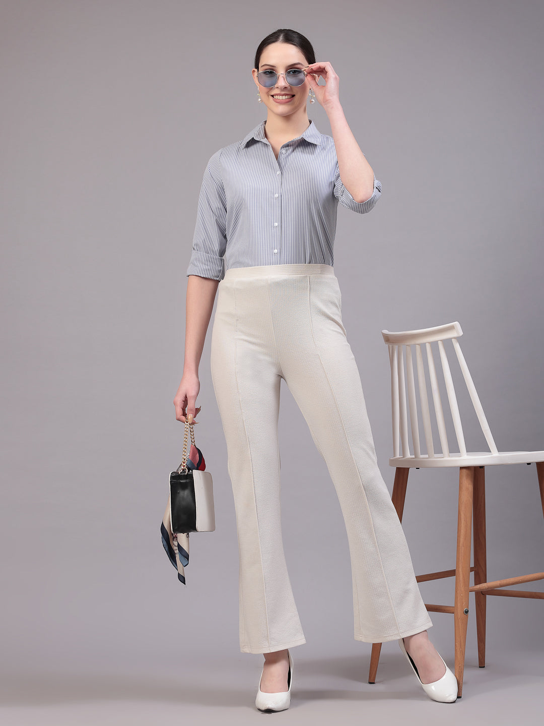 Style Quotients Women Gray And White Cotton Stripe Smart Casual Shirt-Shirts-StyleQuotient