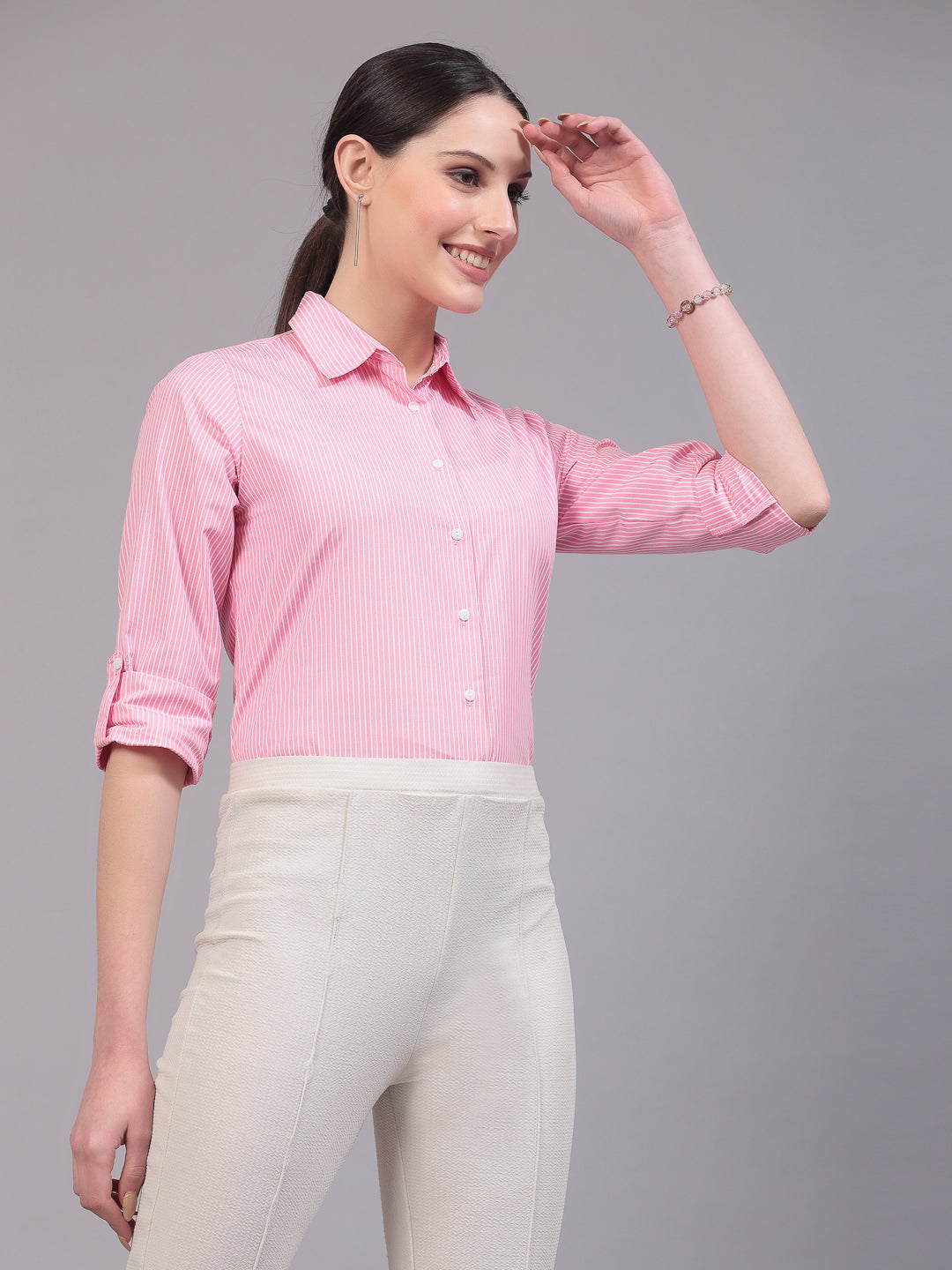 Style Quotients Women Pink And White Cotton Stripe Smart Casual Shirt-Shirts-StyleQuotient