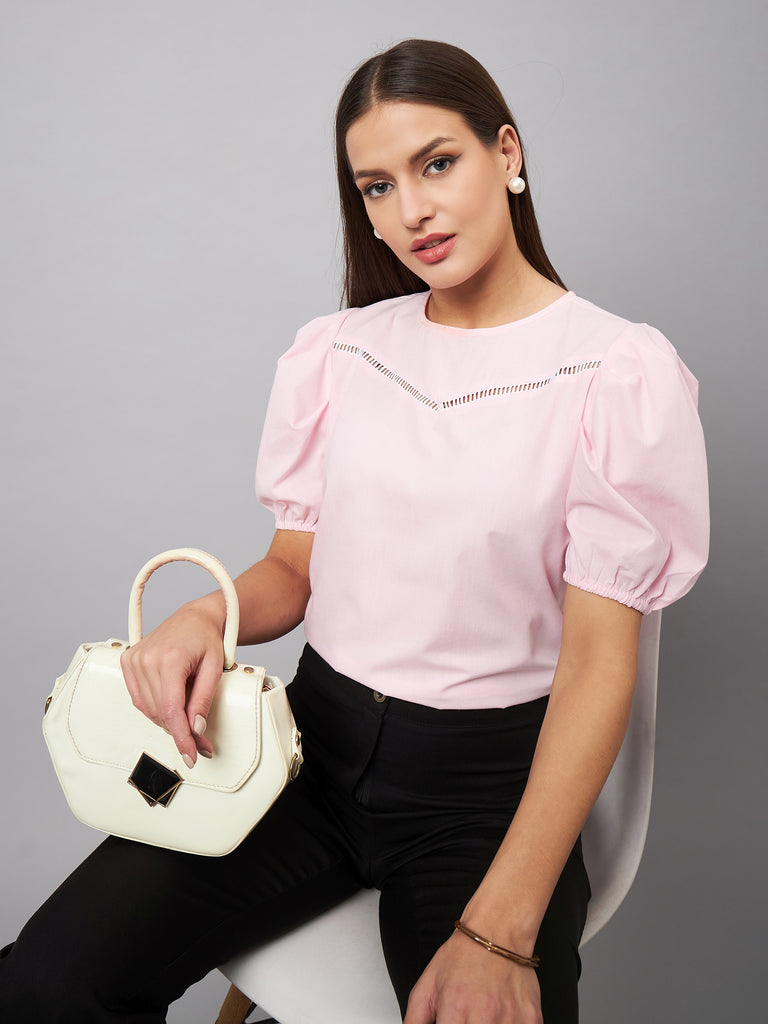 Style Quotient women Pink Round Neck Puff Sleeves Smart Top-Tops-StyleQuotient