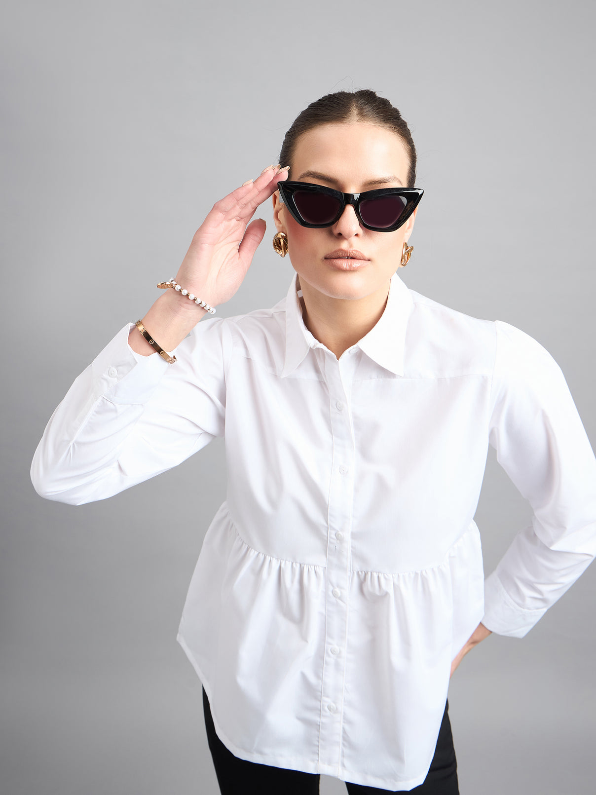 Style Quotient Women Solid White Polycotton Peplum Shirt-Shirts-StyleQuotient