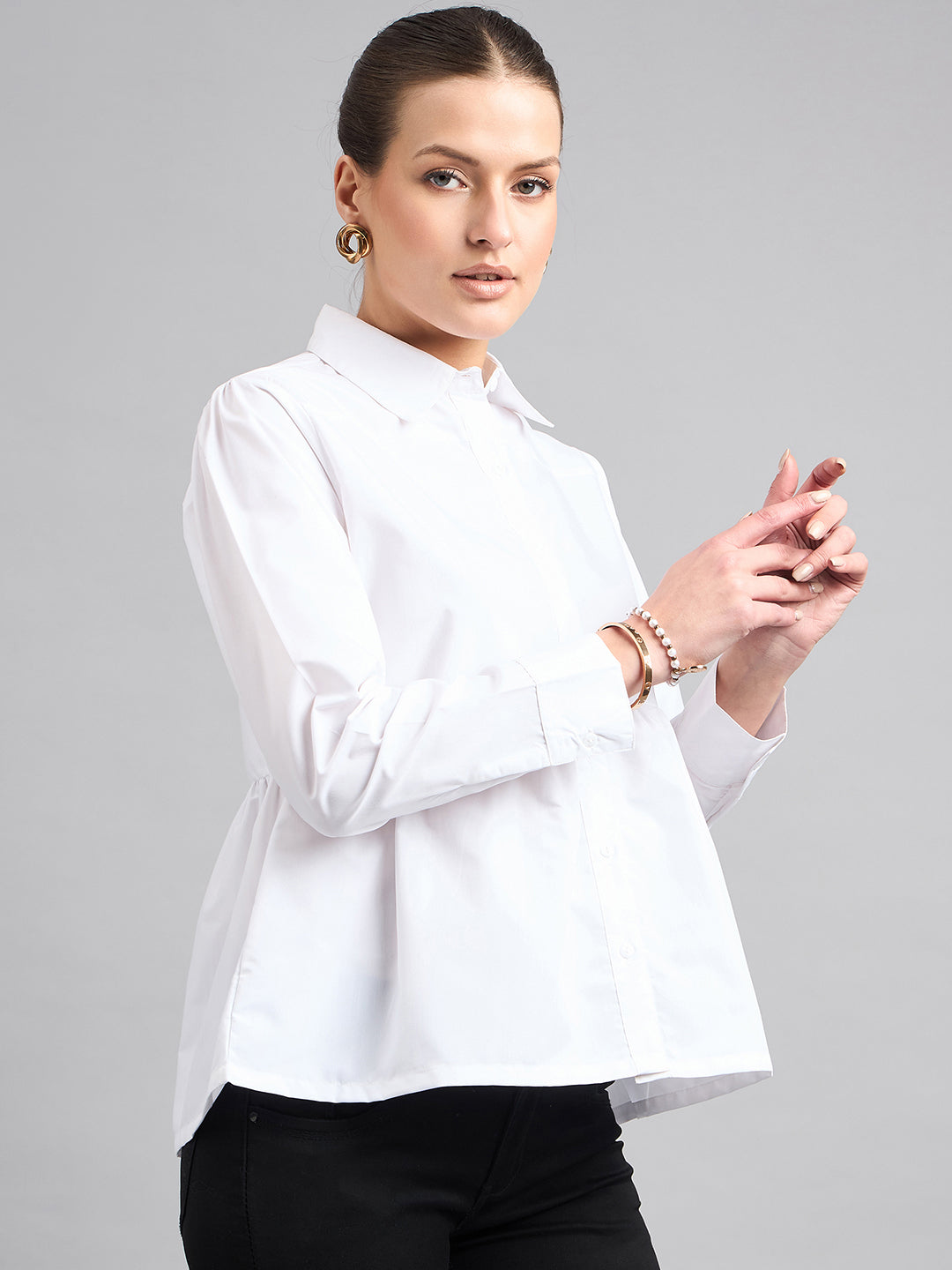 Style Quotient Women Solid White Polycotton Peplum Shirt-Shirts-StyleQuotient