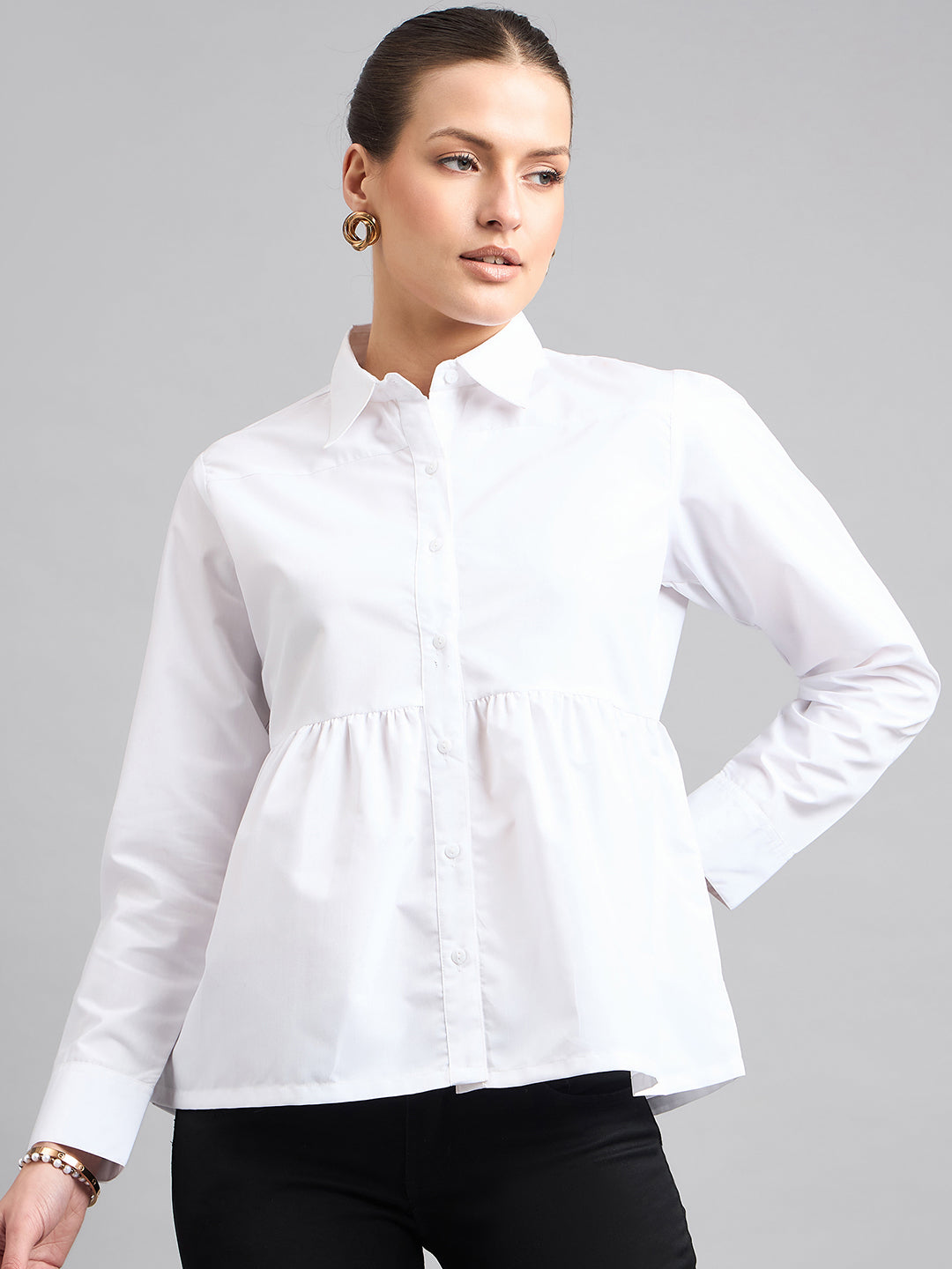 Style Quotient Women Solid White Polycotton Peplum Shirt-Shirts-StyleQuotient