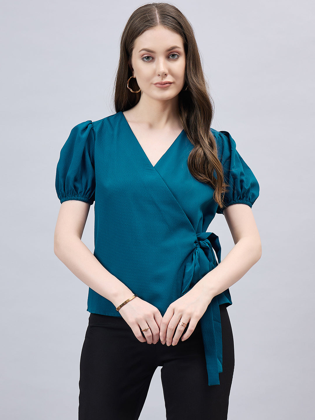 Style Qutotient Women Solid Short Puff Sleeve Wrap Top-Tops-StyleQuotient