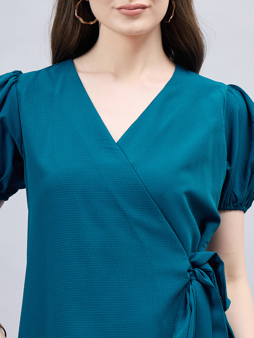 Style Qutotient Women Solid Short Puff Sleeve Wrap Top-Tops-StyleQuotient