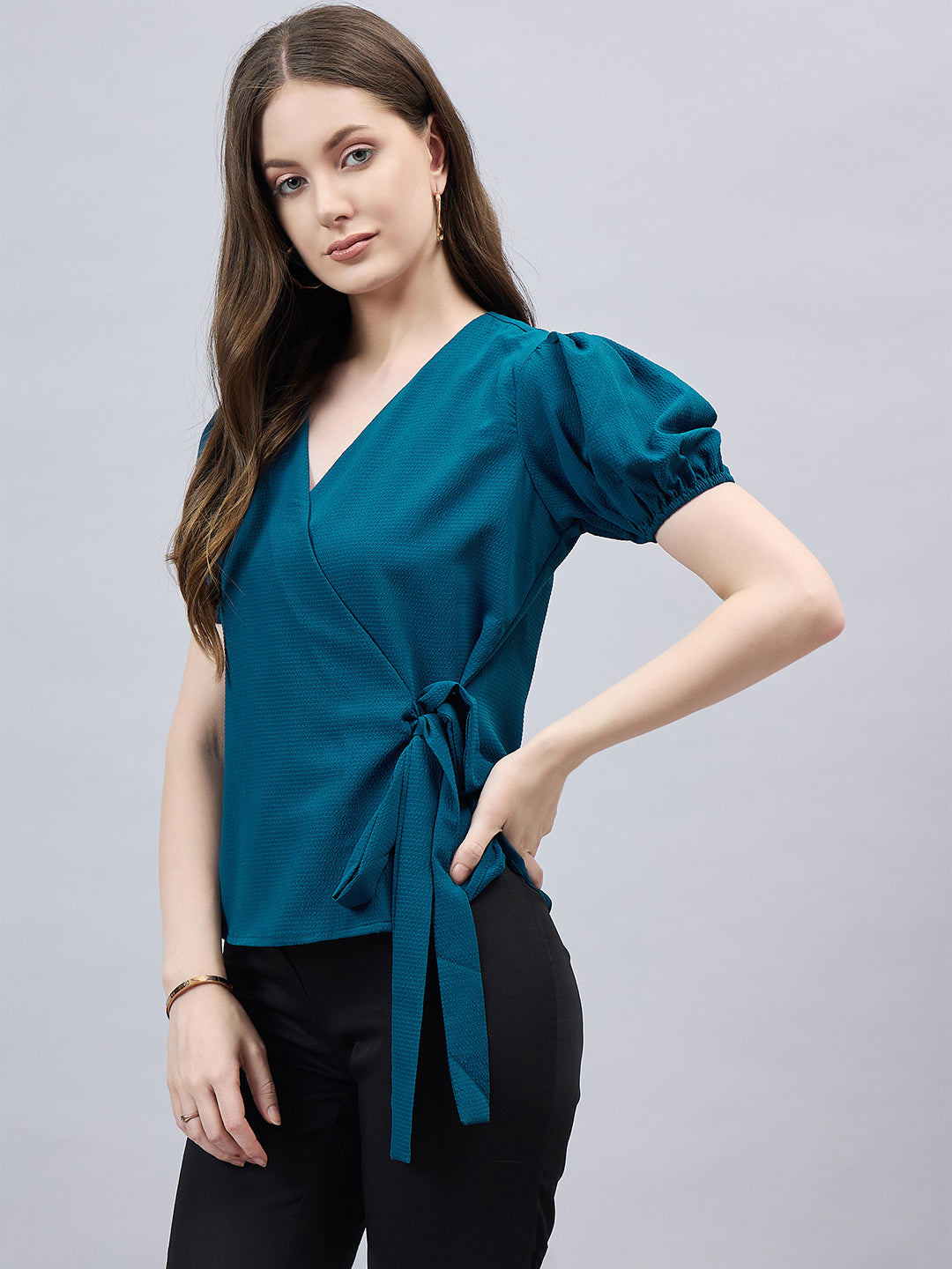 Style Qutotient Women Solid Short Puff Sleeve Wrap Top-Tops-StyleQuotient