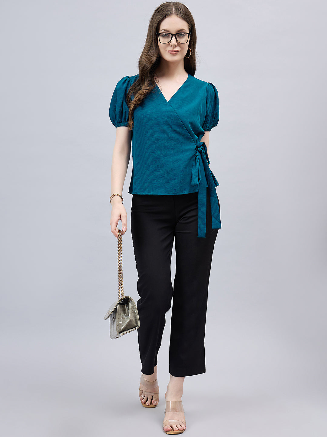 Style Qutotient Women Solid Short Puff Sleeve Wrap Top-Tops-StyleQuotient
