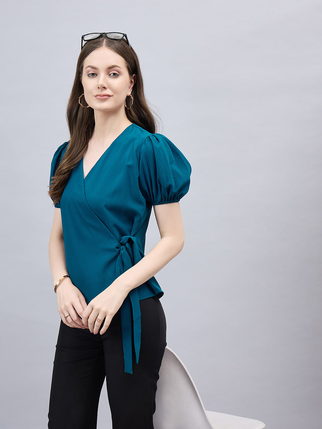 Style Qutotient Women Solid Short Puff Sleeve Wrap Top-Tops-StyleQuotient