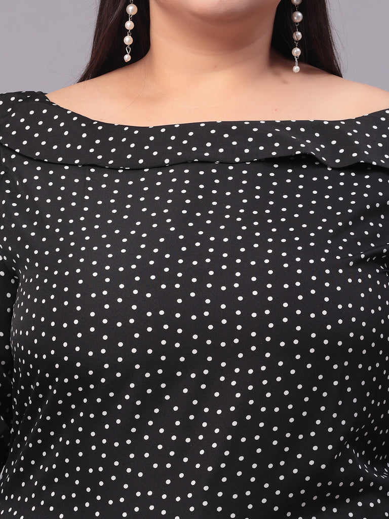 Style Quotient Women Black & White Polk Dot Print Bardot Plus Size Top-Tops-StyleQuotient