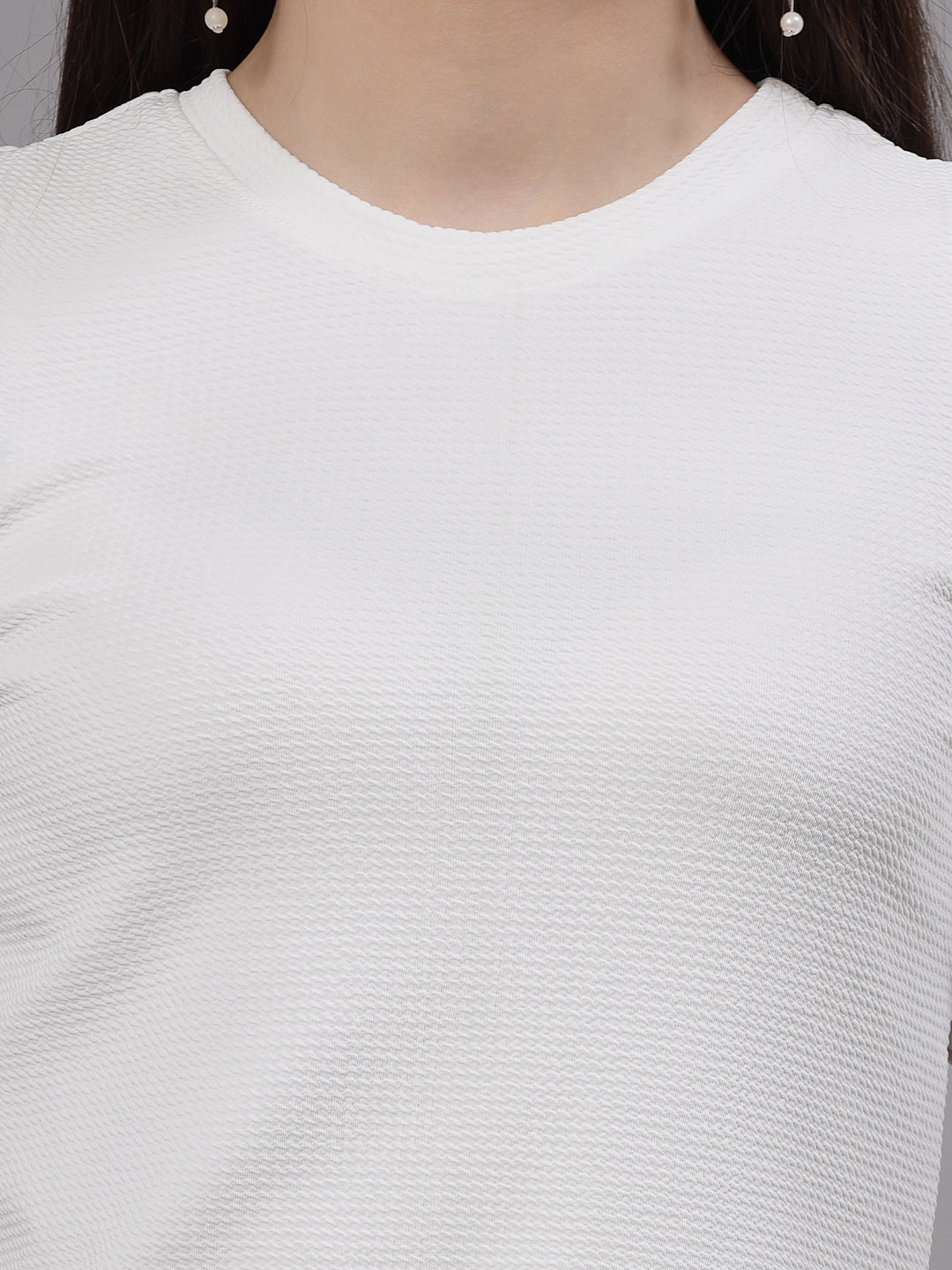 Style Quotient Women White Poly Knit Smart Casual Top-Tops-StyleQuotient