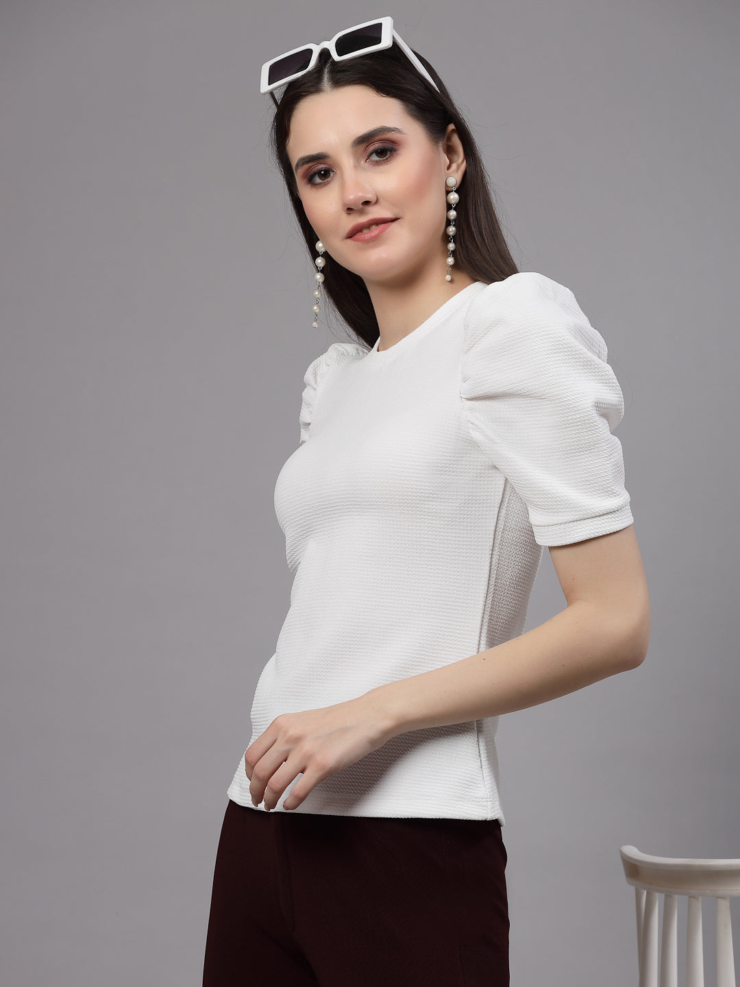 Style Quotient Women White Poly Knit Smart Casual Top-Tops-StyleQuotient