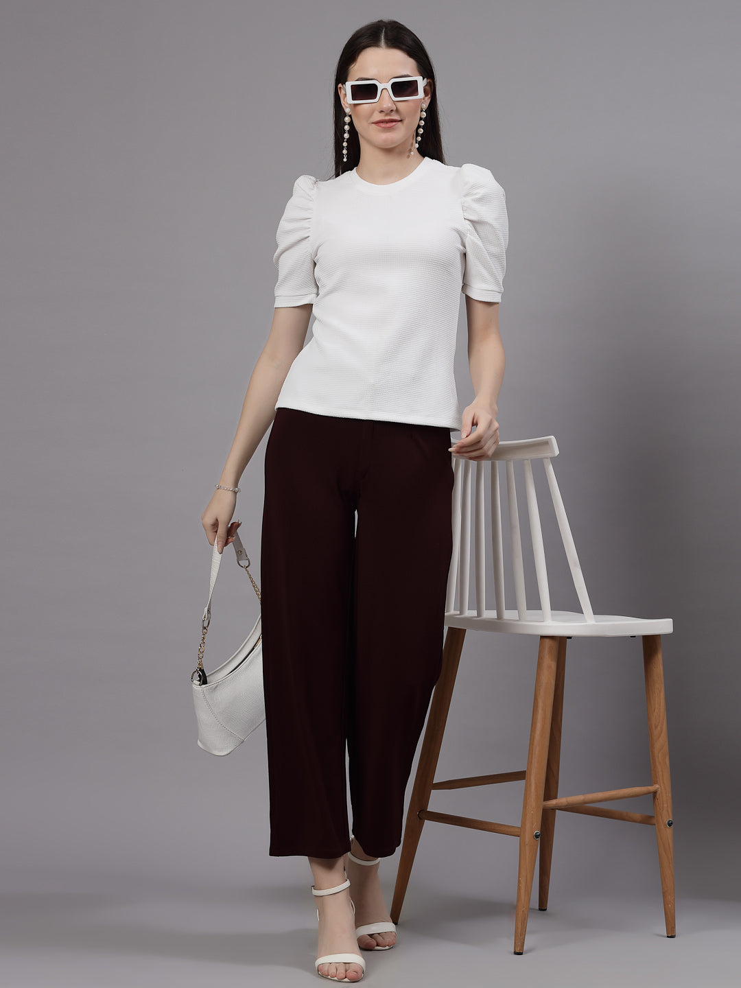 Style Quotient Women White Poly Knit Smart Casual Top-Tops-StyleQuotient