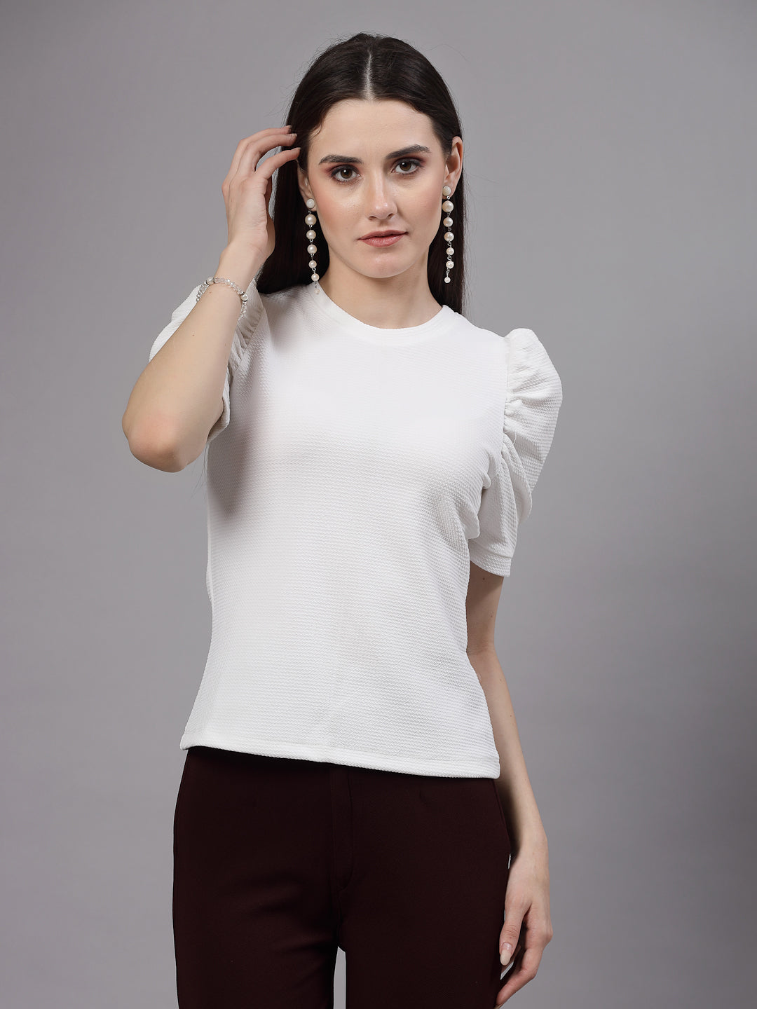Style Quotient Women White Poly Knit Smart Casual Top-Tops-StyleQuotient