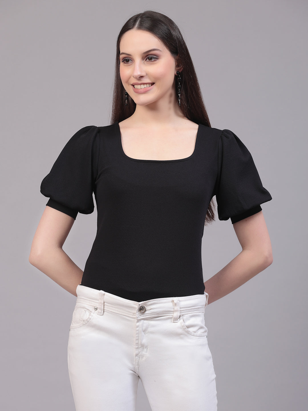 Style Quotient Women Solid Black Polyknit Regular Smart Casual Top-Tops-StyleQuotient
