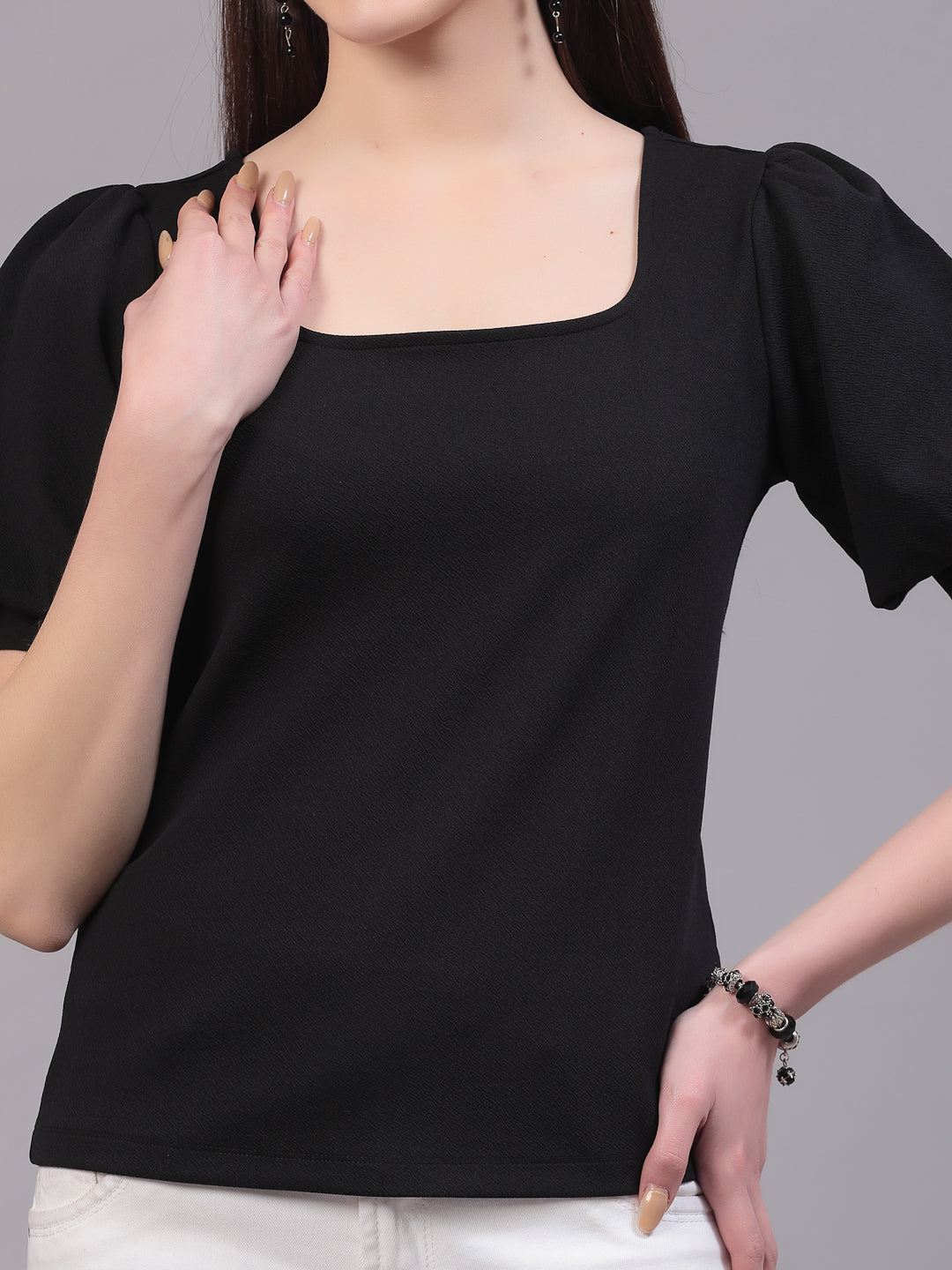 Style Quotient Women Solid Black Polyknit Regular Smart Casual Top-Tops-StyleQuotient