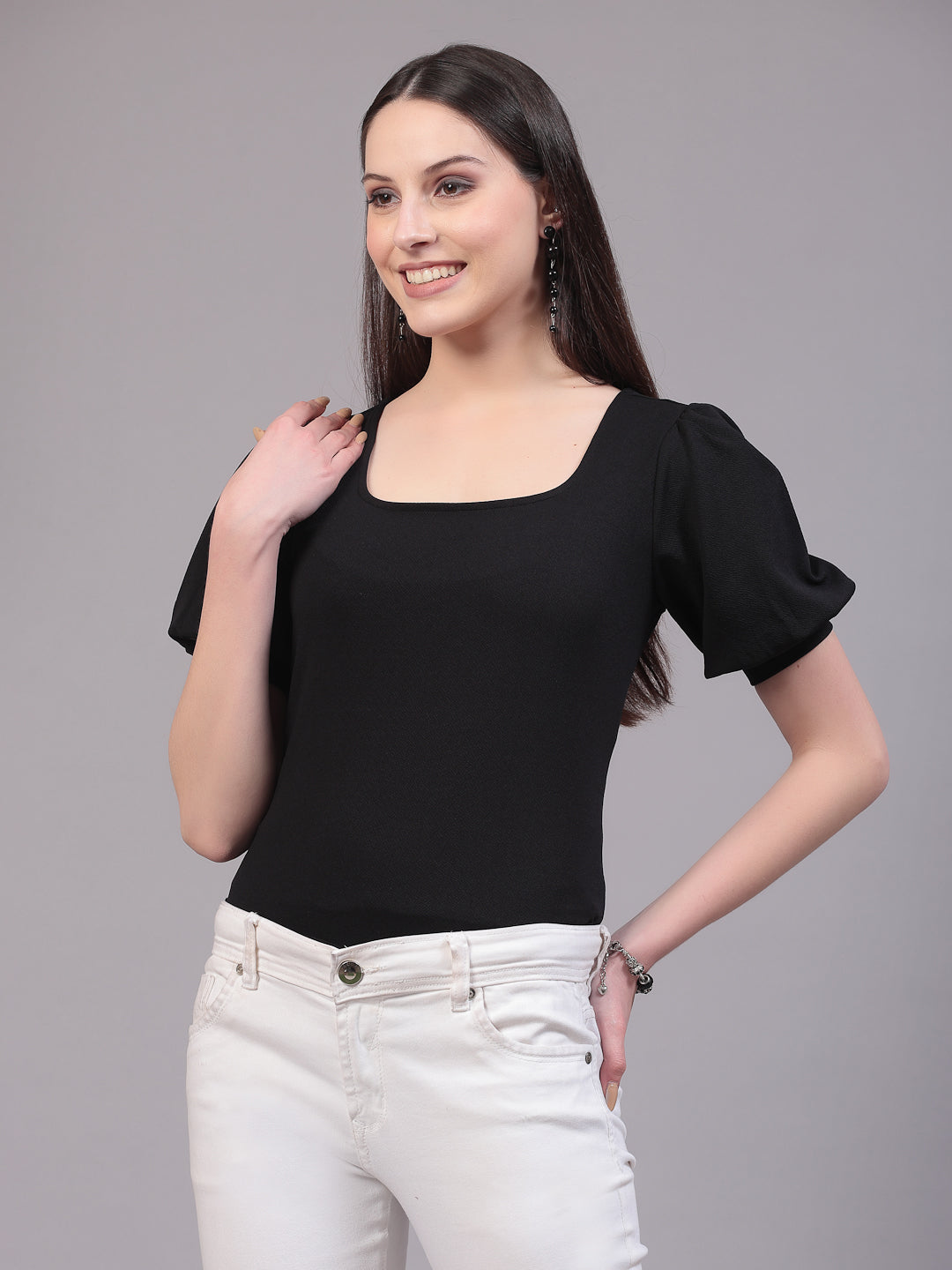 Style Quotient Women Solid Black Polyknit Regular Smart Casual Top-Tops-StyleQuotient