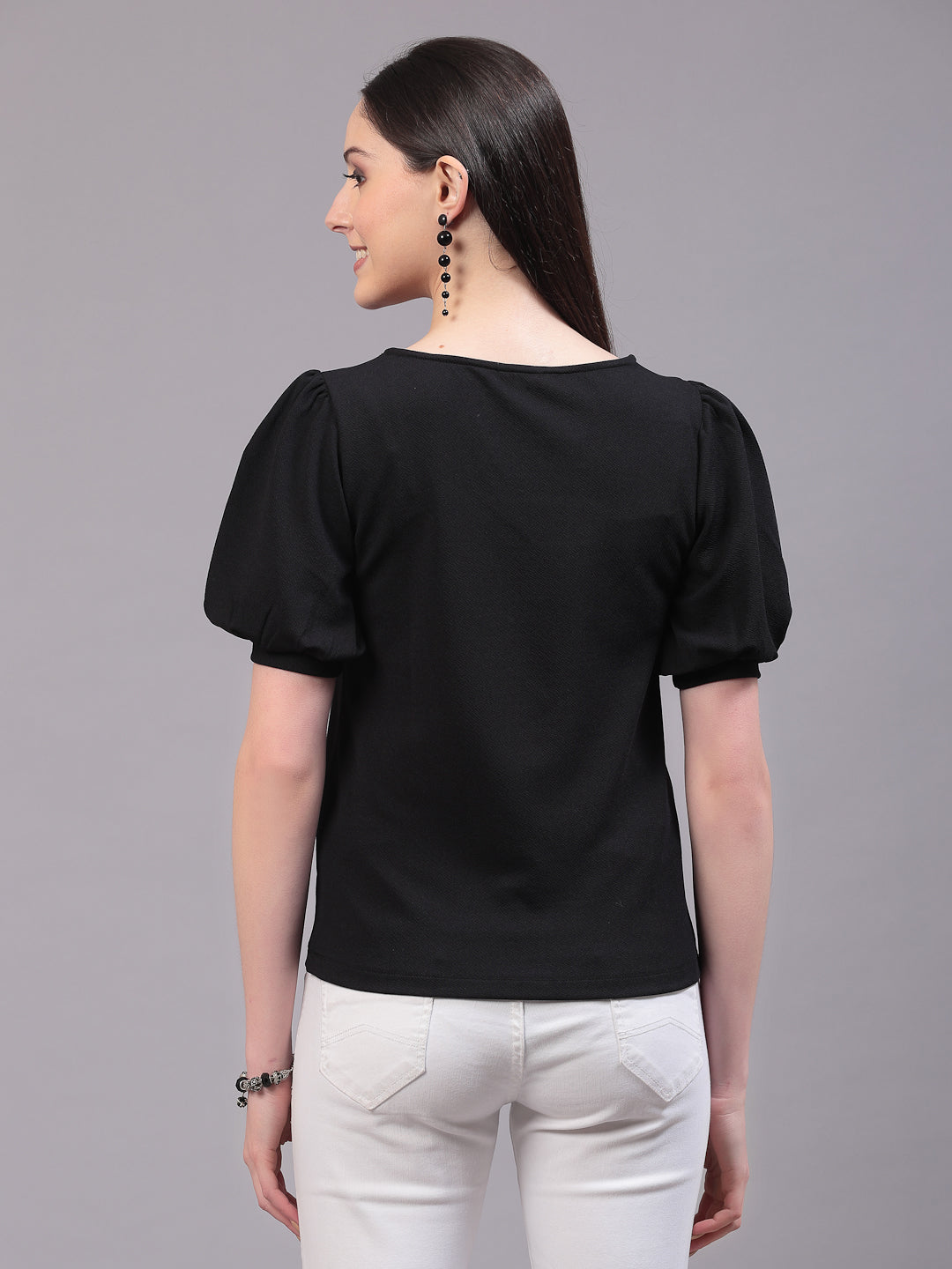 Style Quotient Women Solid Black Polyknit Regular Smart Casual Top-Tops-StyleQuotient