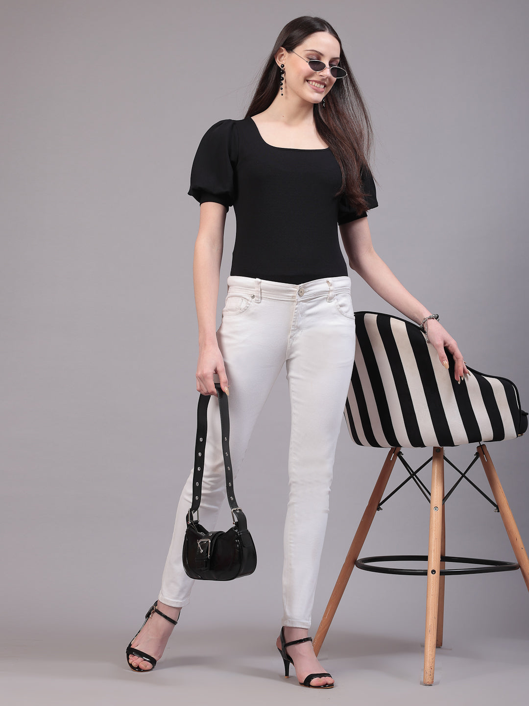 Style Quotient Women Solid Black Polyknit Regular Smart Casual Top-Tops-StyleQuotient