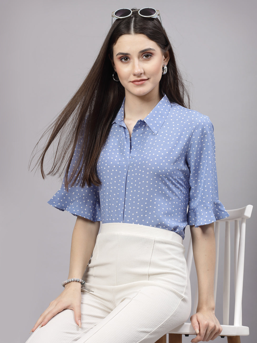 Style Quotient Women Smart Blue & White Polka Dot Flare Sleeve Top-Tops-StyleQuotient