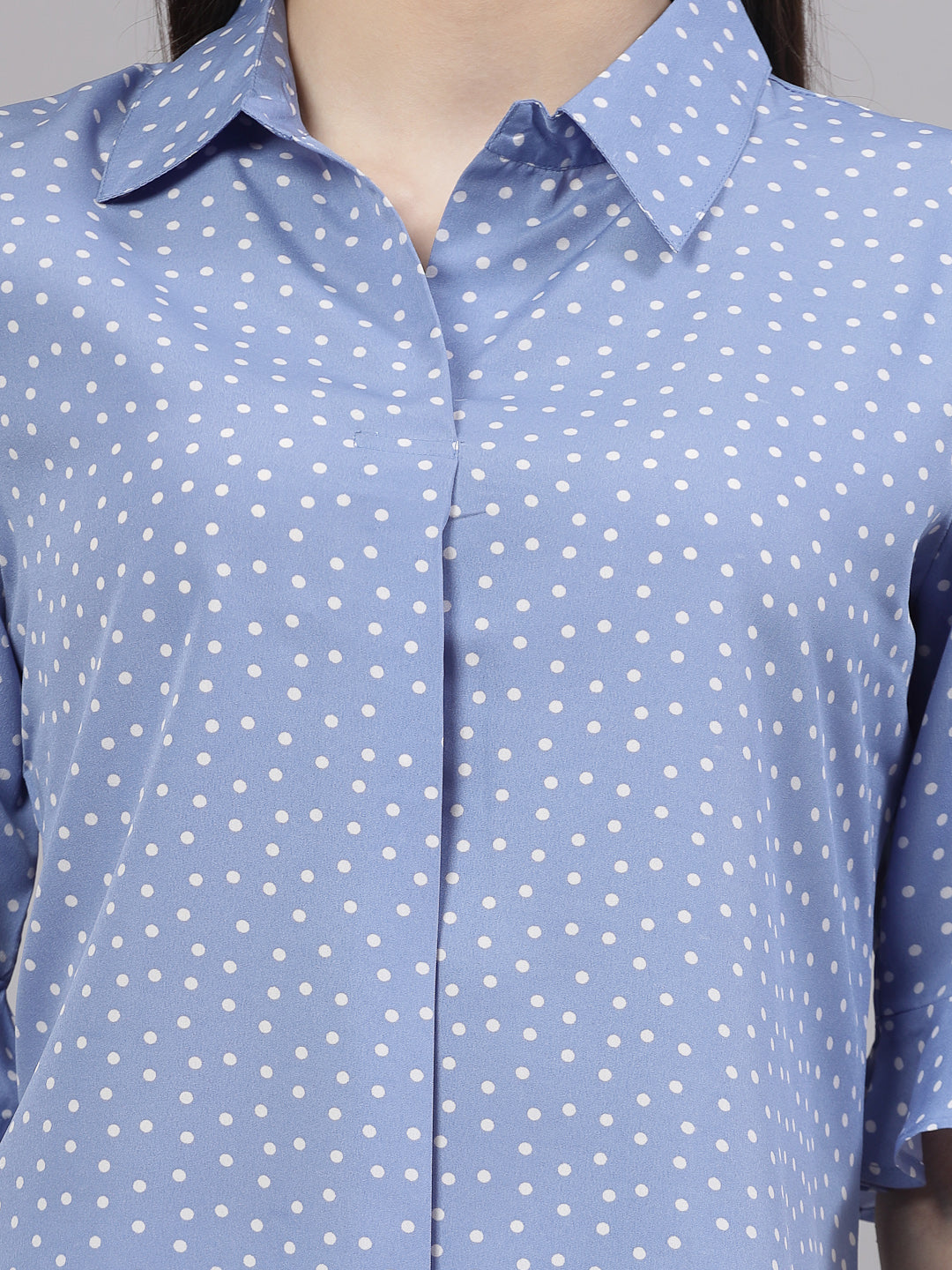 Style Quotient Women Smart Blue & White Polka Dot Flare Sleeve Top-Tops-StyleQuotient