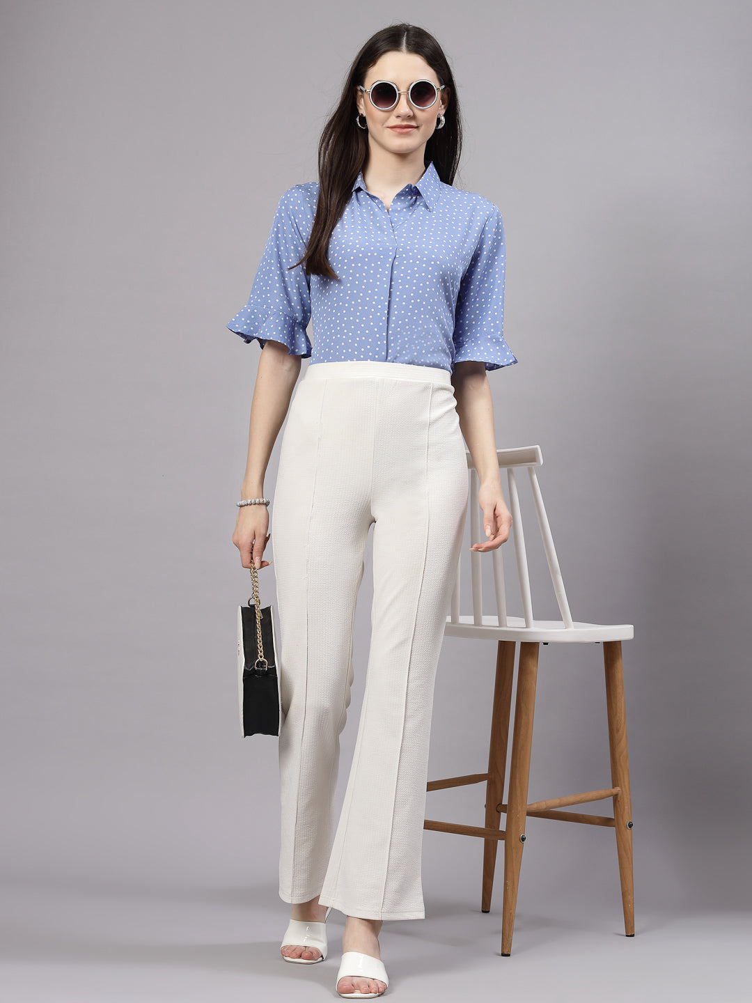 Style Quotient Women Smart Blue & White Polka Dot Flare Sleeve Top-Tops-StyleQuotient