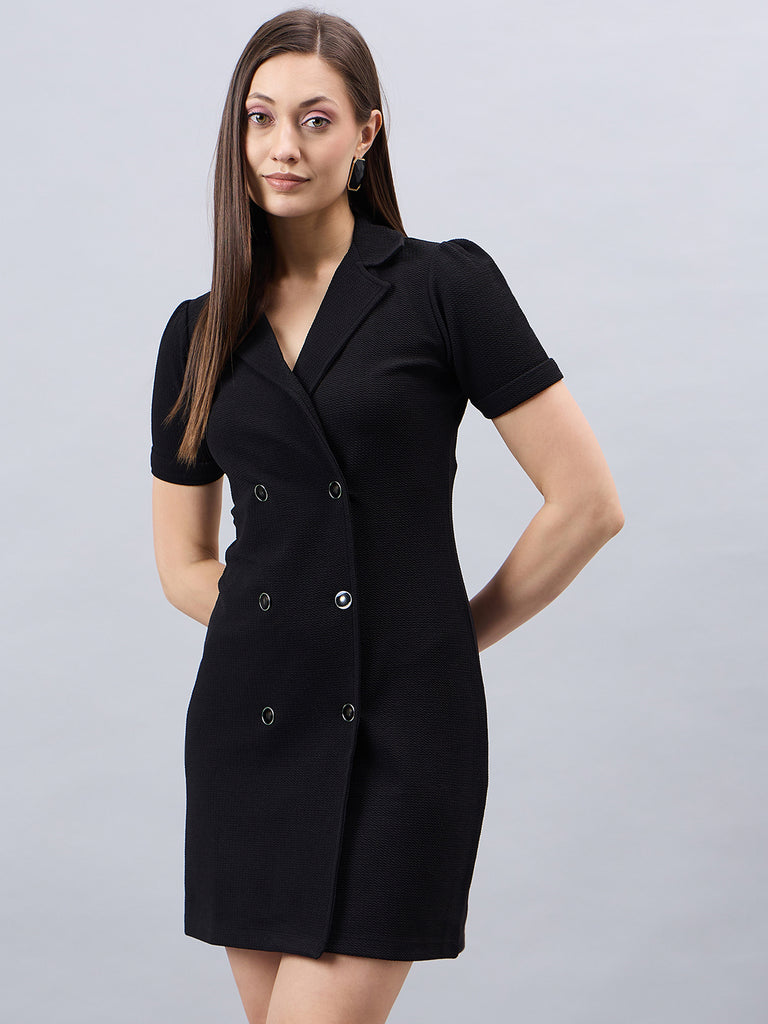 Style Quotient Women Solid Black Texture Polyester Regular Fit Semi Formal Blazer Dress-Dresses-StyleQuotient