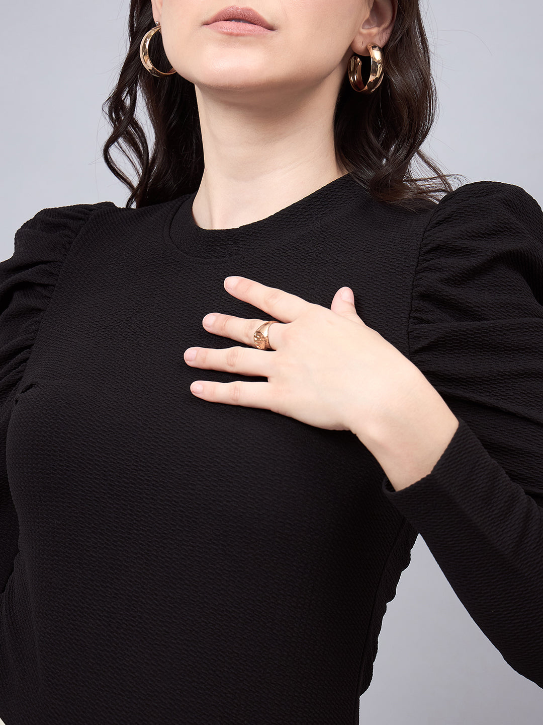 Style Quotient Women Black Texture Polyester Slim Fit smart casual Puff Full Sleeve Top-Tops-StyleQuotient