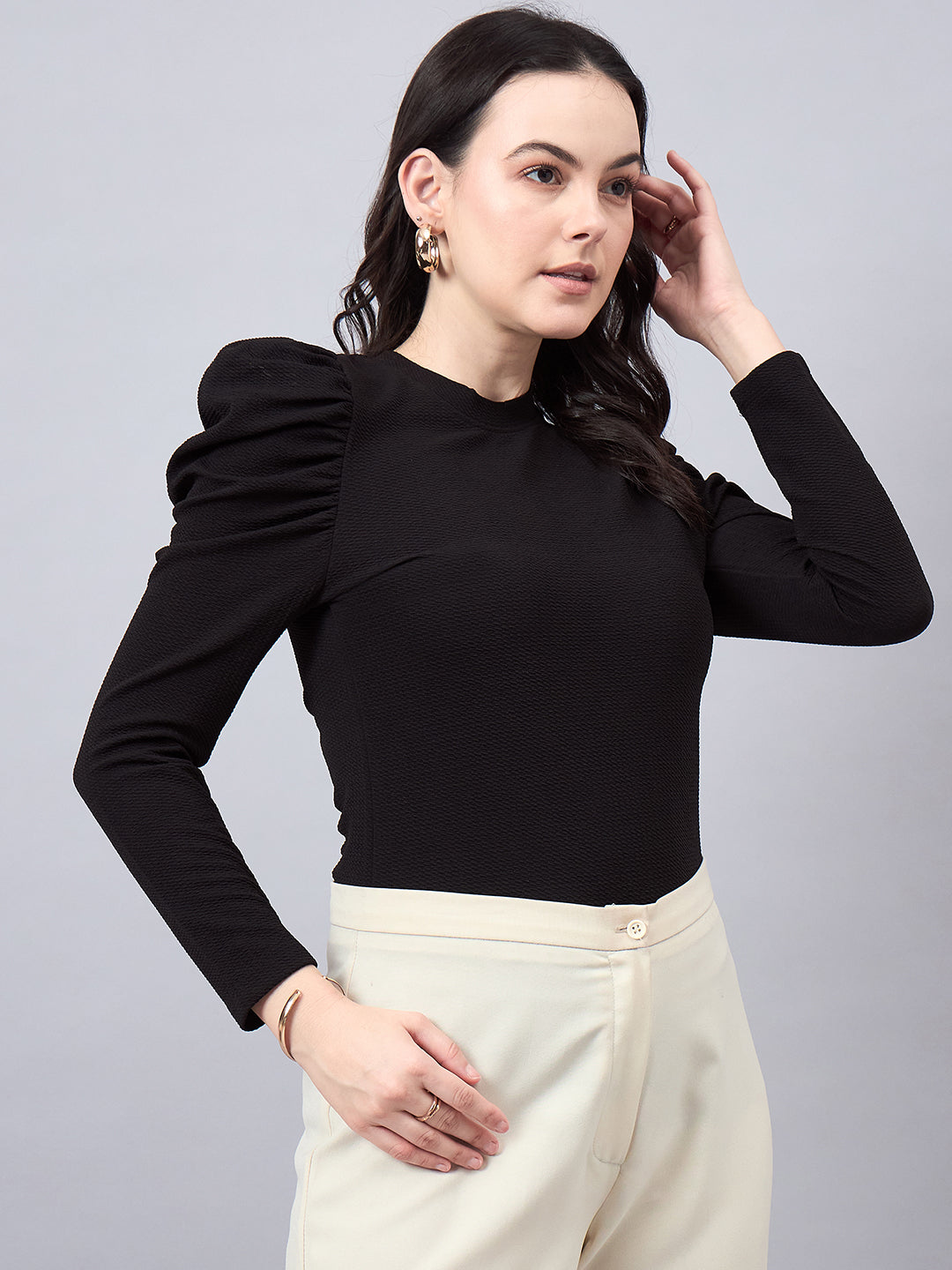 Style Quotient Women Black Texture Polyester Slim Fit smart casual Puff Full Sleeve Top-Tops-StyleQuotient