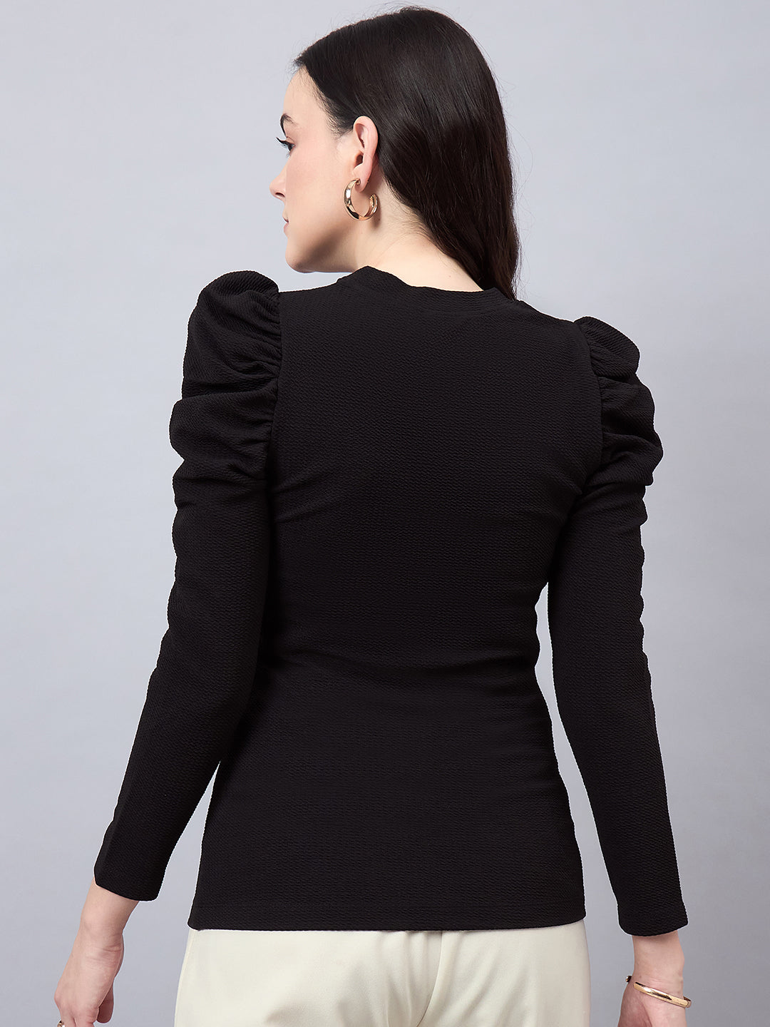 Style Quotient Women Black Texture Polyester Slim Fit smart casual Puff Full Sleeve Top-Tops-StyleQuotient