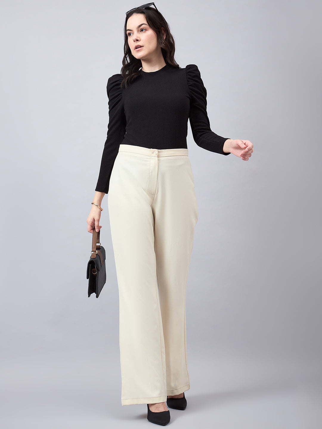 Style Quotient Women Black Texture Polyester Slim Fit smart casual Puff Full Sleeve Top-Tops-StyleQuotient