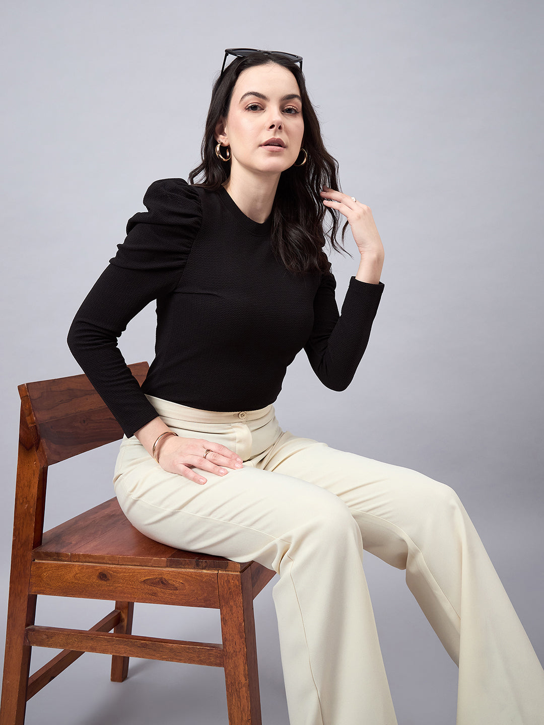 Style Quotient Women Black Texture Polyester Slim Fit smart casual Puff Full Sleeve Top-Tops-StyleQuotient