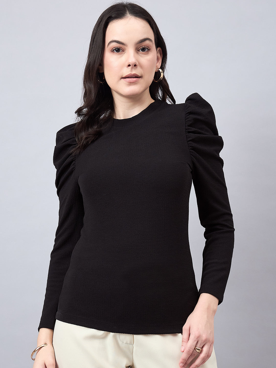Style Quotient Women Black Texture Polyester Slim Fit smart casual Puff Full Sleeve Top-Tops-StyleQuotient