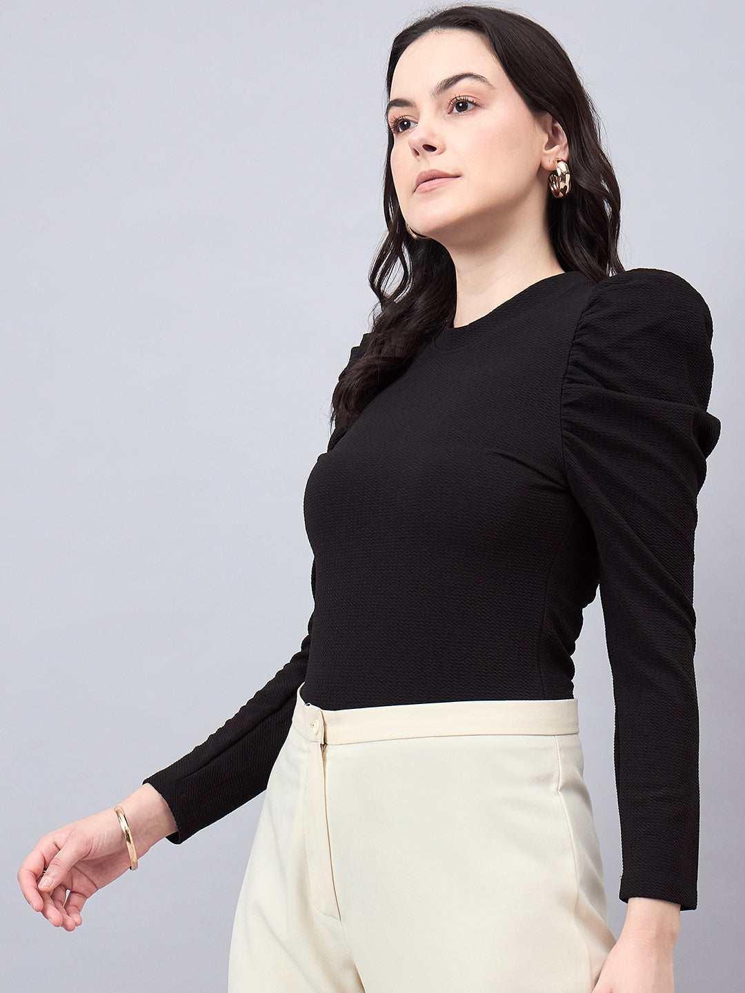 Style Quotient Women Black Texture Polyester Slim Fit smart casual Puff Full Sleeve Top-Tops-StyleQuotient