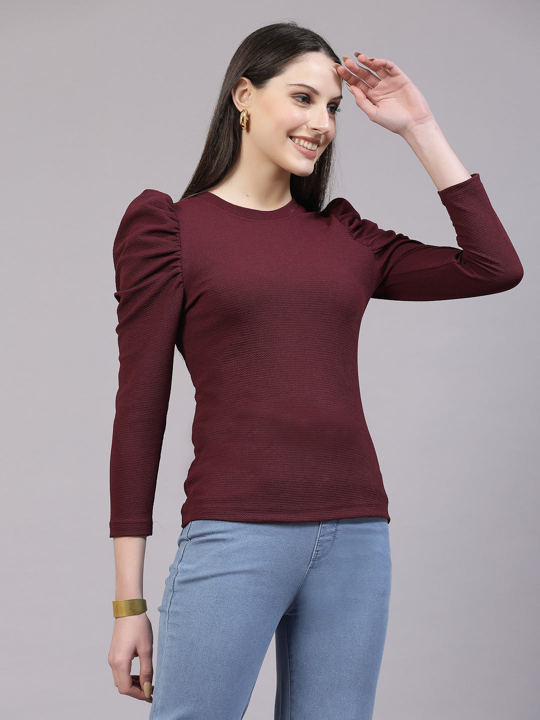 Style Quotient Women Maroon Texture Polyester Slim Fit smart casual Puff Full Sleeve Top-Tops-StyleQuotient