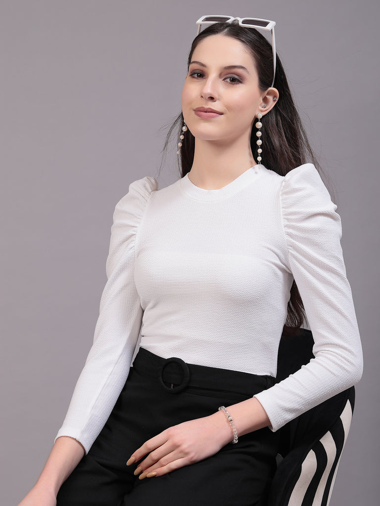 Style Quotient Women White Texture Polyester Slim Fit smart casual Puff Full Sleeve Top-Tops-StyleQuotient