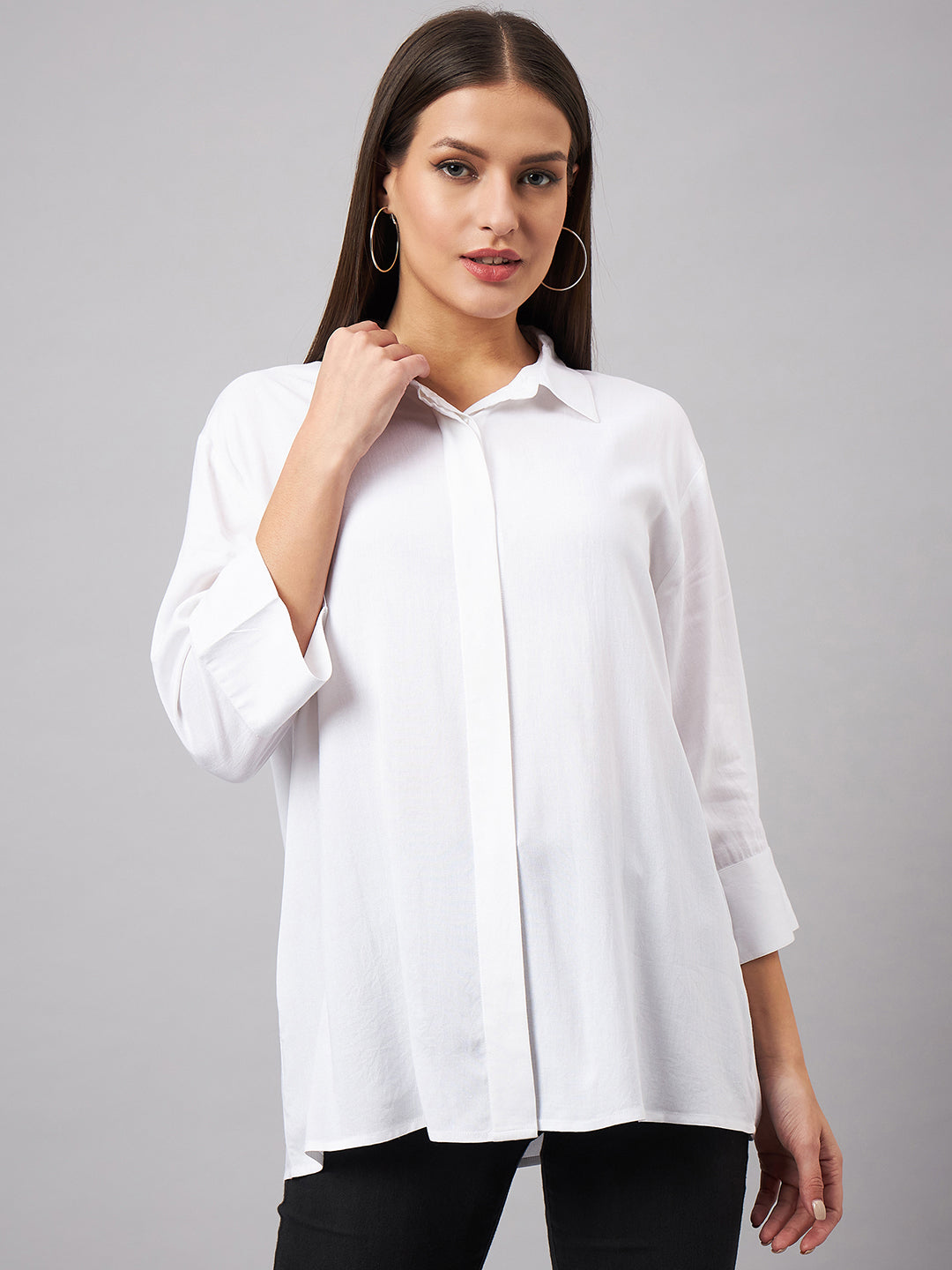 Style Quotient Women Smart White Oversized Spread Collar Shirt-Shirts-StyleQuotient