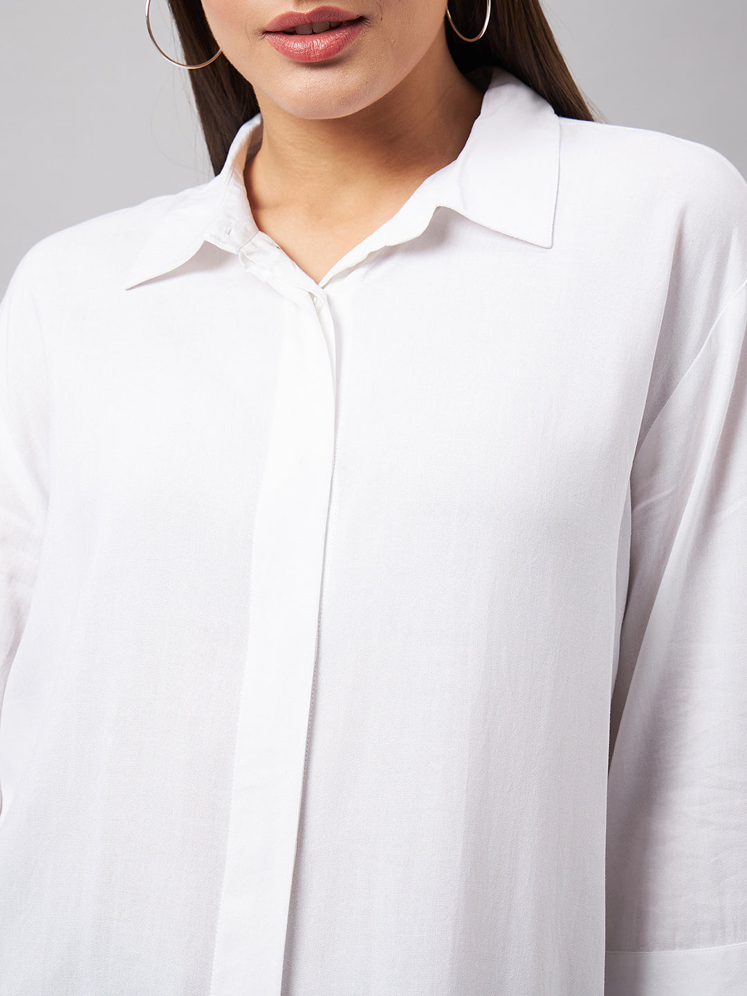 Style Quotient Women Smart White Oversized Spread Collar Shirt-Shirts-StyleQuotient