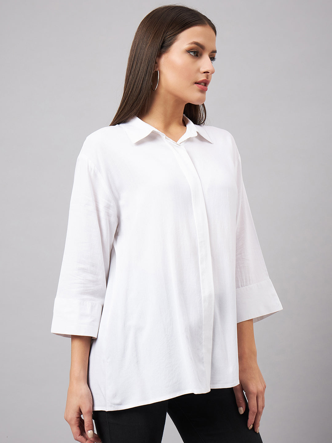 Style Quotient Women Smart White Oversized Spread Collar Shirt-Shirts-StyleQuotient
