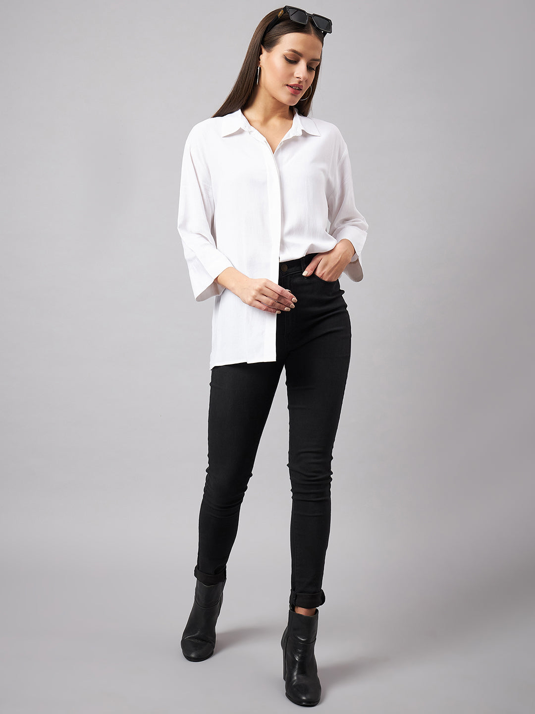Style Quotient Women Smart White Oversized Spread Collar Shirt-Shirts-StyleQuotient
