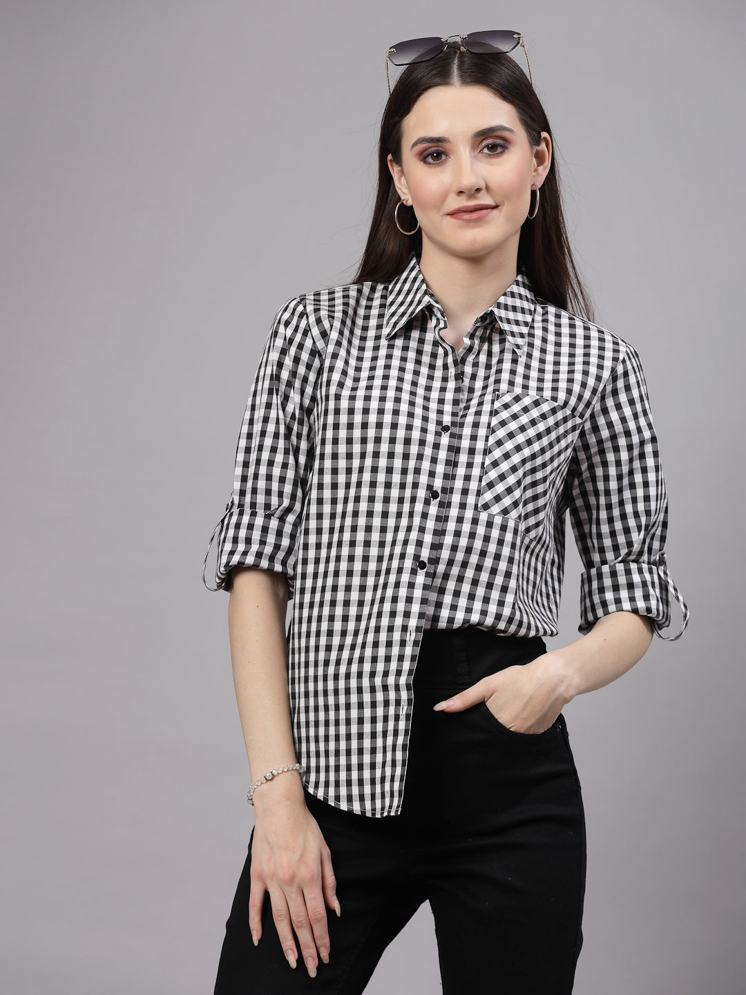 Style Quotient Women Black and White Checks Casual Fit Shirt-Shirts-StyleQuotient