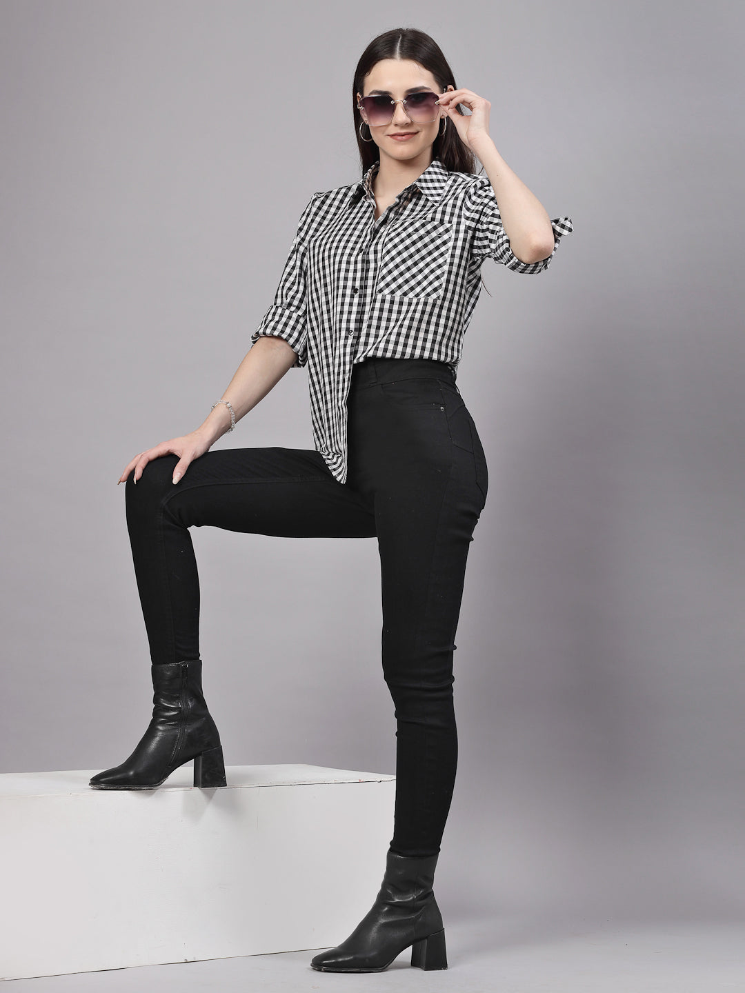 Style Quotient Women Black and White Checks Casual Fit Shirt-Shirts-StyleQuotient