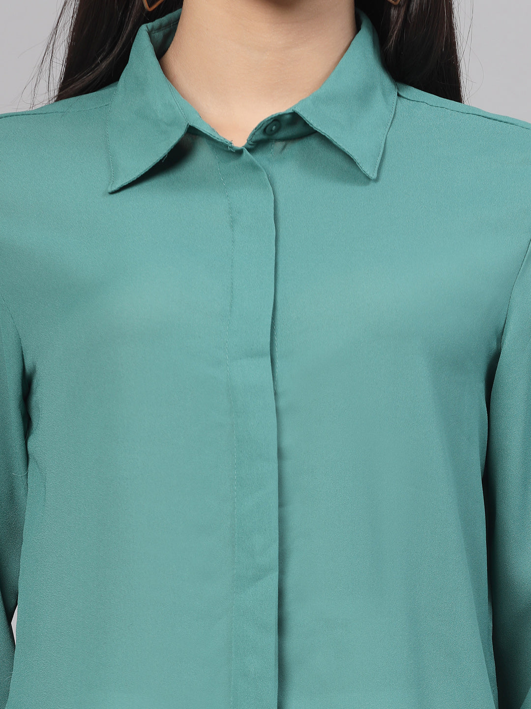 Style Quotient Women Solid Aqua Green Polycrepe Formal Shirt-Shirts-StyleQuotient