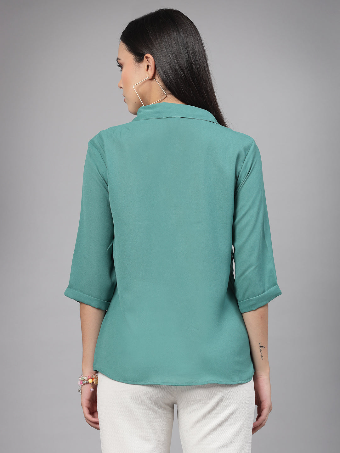 Style Quotient Women Solid Aqua Green Polycrepe Formal Shirt-Shirts-StyleQuotient