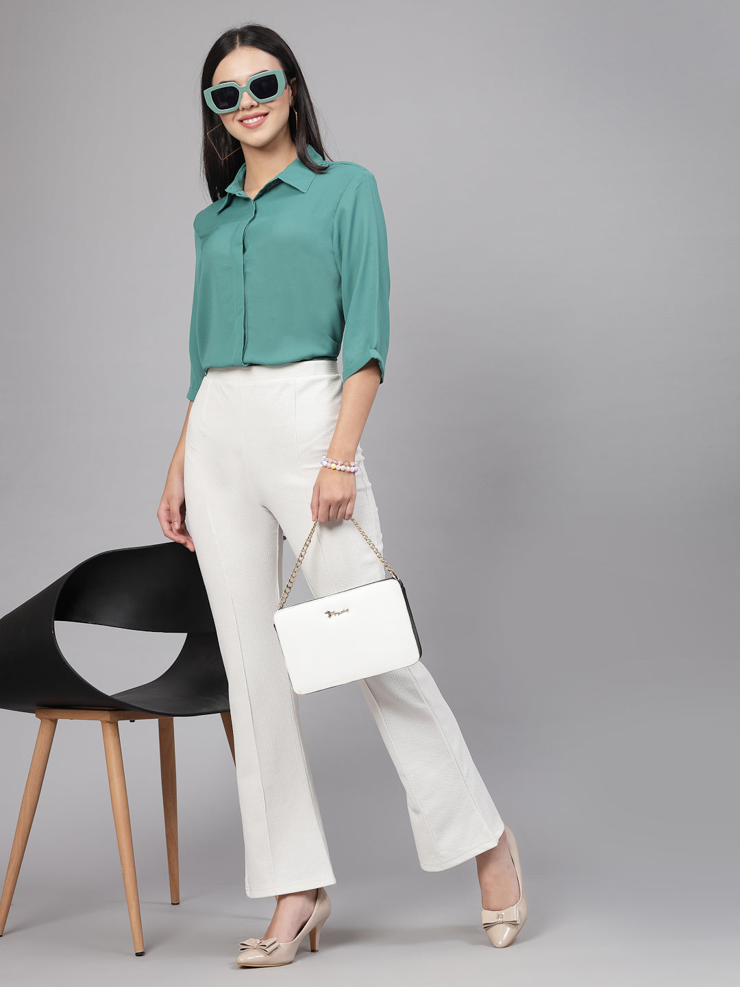 Style Quotient Women Solid Aqua Green Polycrepe Formal Shirt-Shirts-StyleQuotient